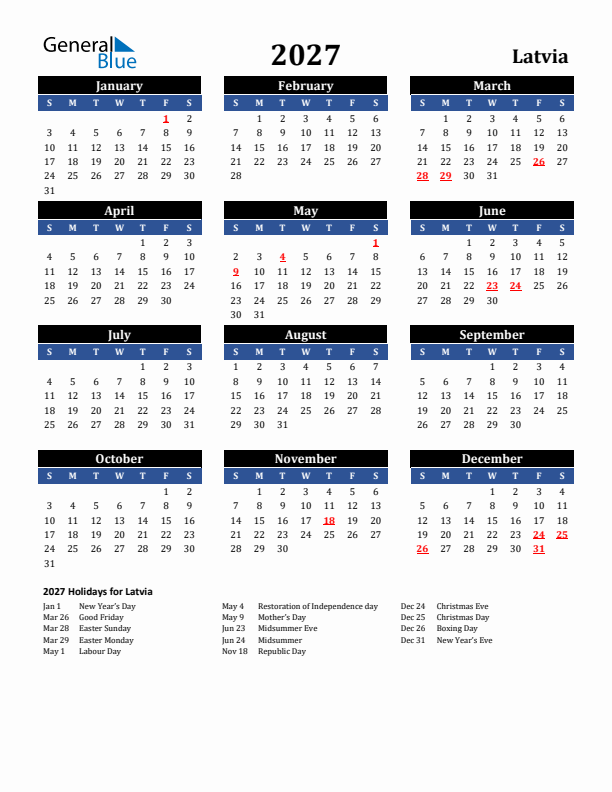 2027 Latvia Holiday Calendar