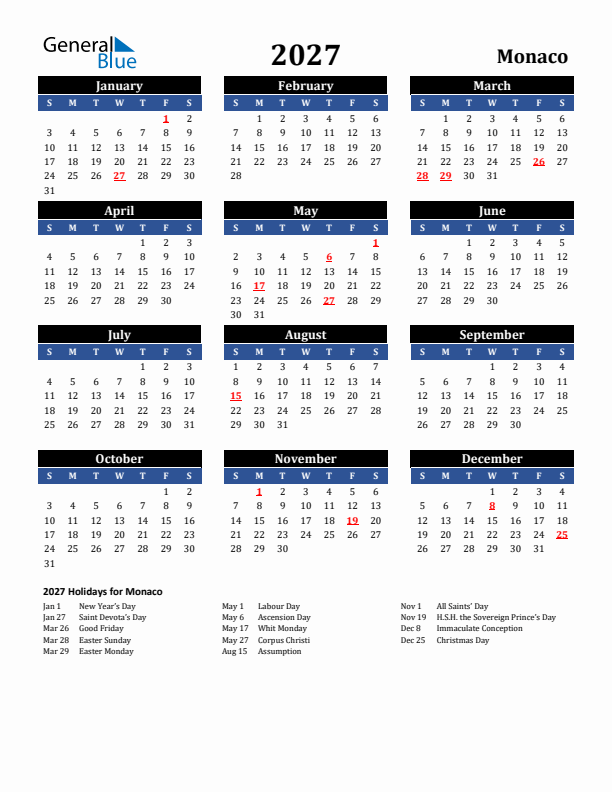 2027 Monaco Holiday Calendar