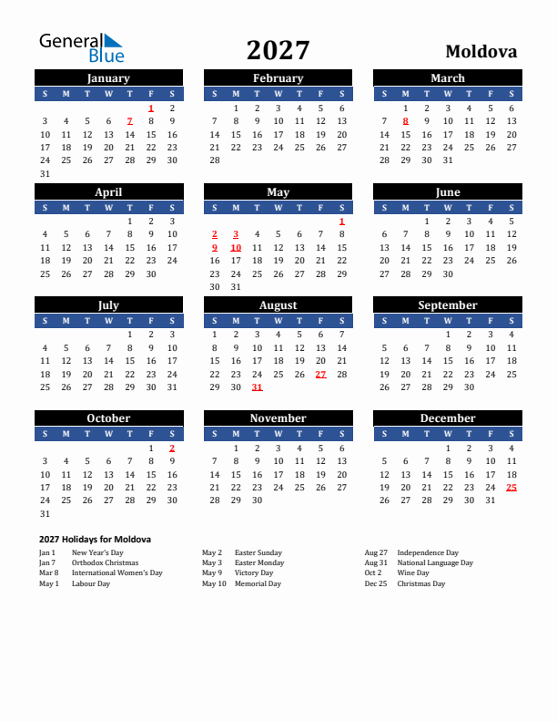 2027 Moldova Holiday Calendar