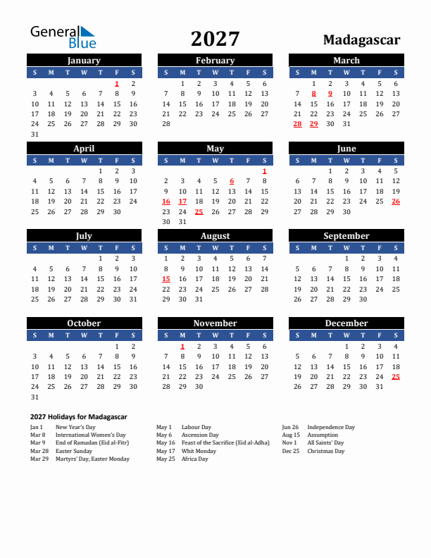 2027 Madagascar Holiday Calendar