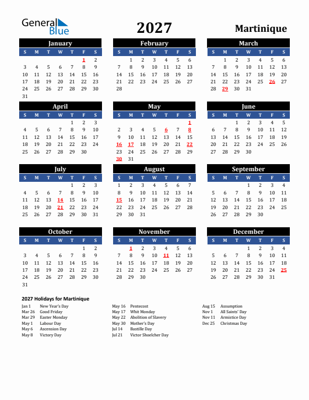 2027 Martinique Holiday Calendar
