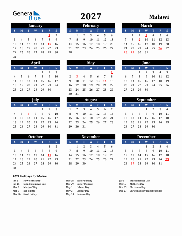 2027 Malawi Holiday Calendar