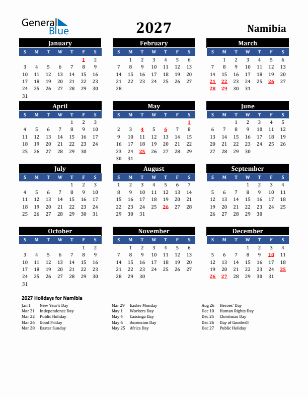 2027 Namibia Holiday Calendar