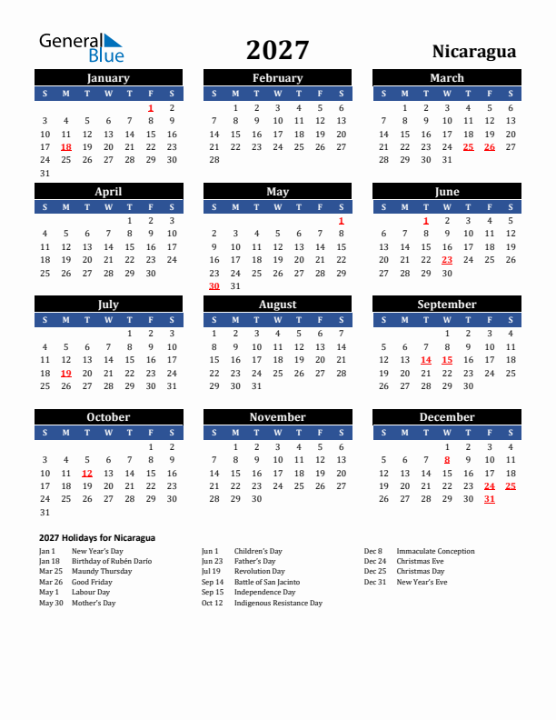 2027 Nicaragua Holiday Calendar