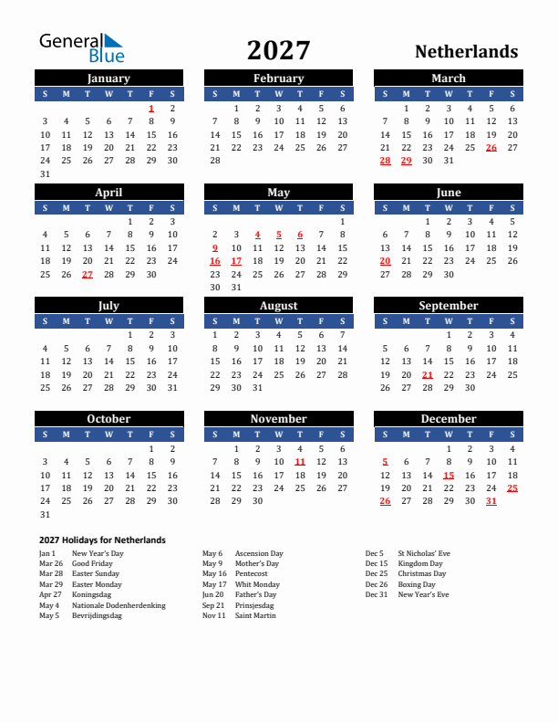 2027 The Netherlands Holiday Calendar