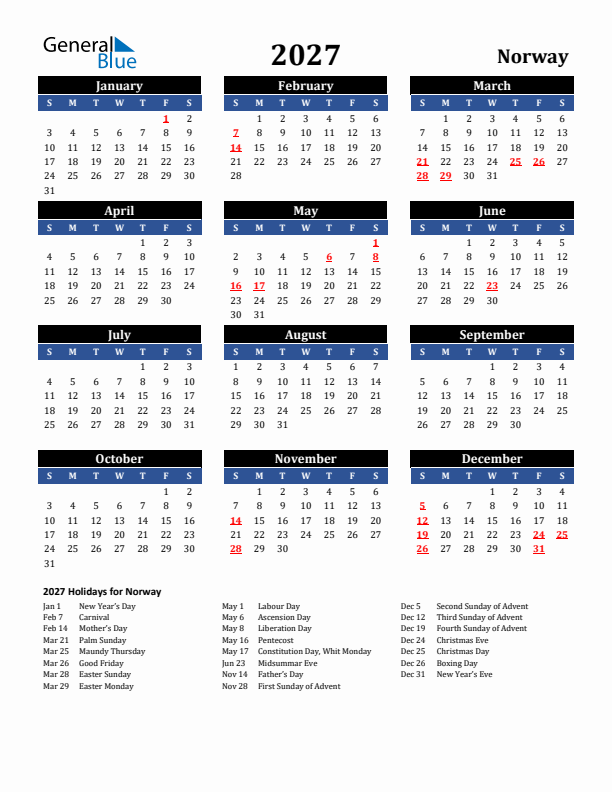 2027 Norway Holiday Calendar