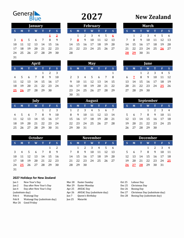 2027 New Zealand Holiday Calendar