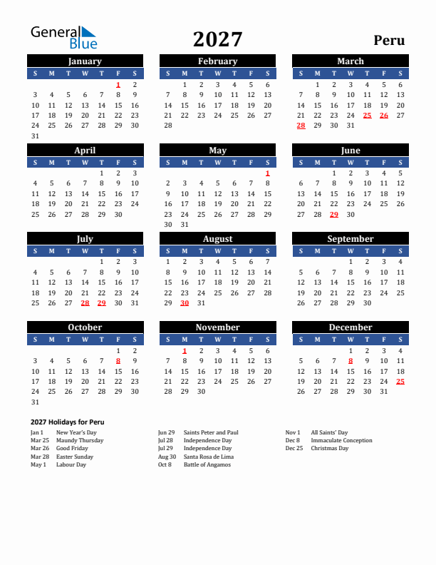 2027 Peru Holiday Calendar