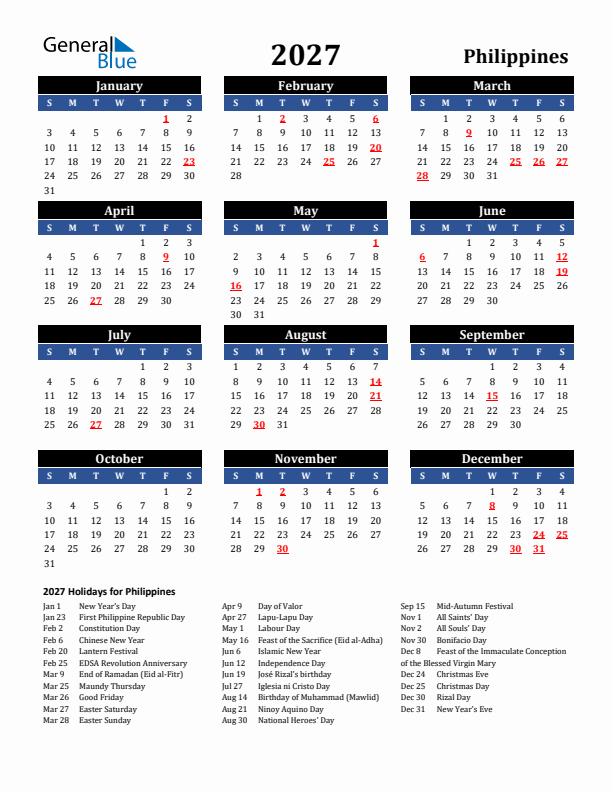 2027 Philippines Holiday Calendar