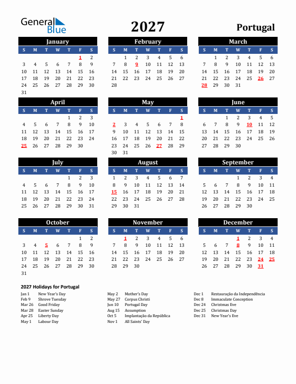 2027 Portugal Holiday Calendar
