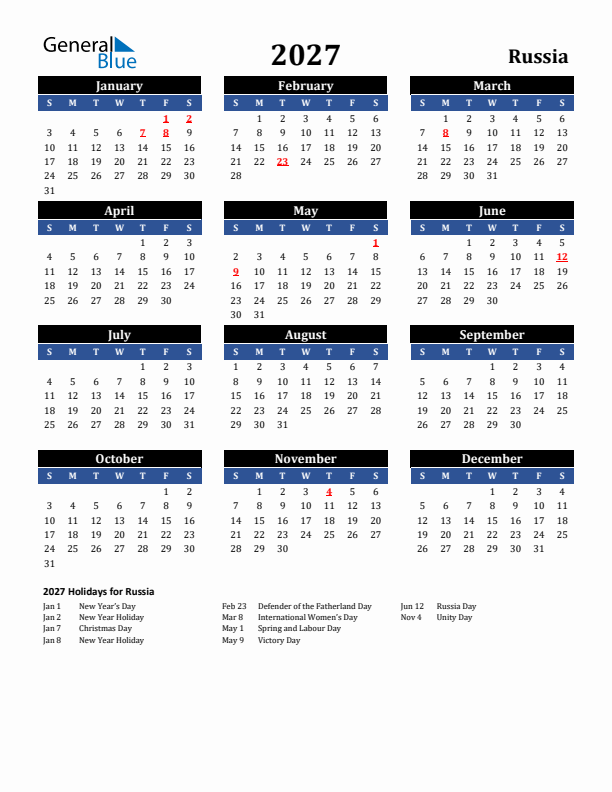 2027 Russia Holiday Calendar