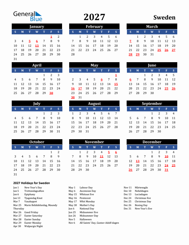 2027 Sweden Holiday Calendar