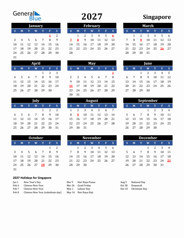 2027 Singapore Holiday Calendar
