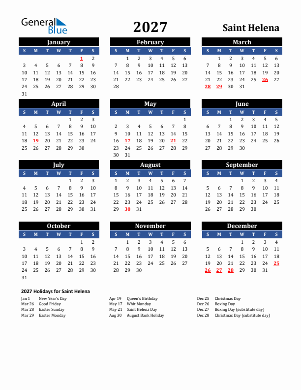 2027 Saint Helena Holiday Calendar