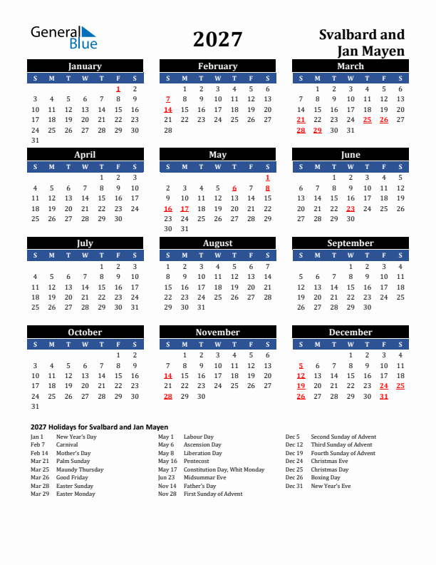 2027 Svalbard and Jan Mayen Holiday Calendar