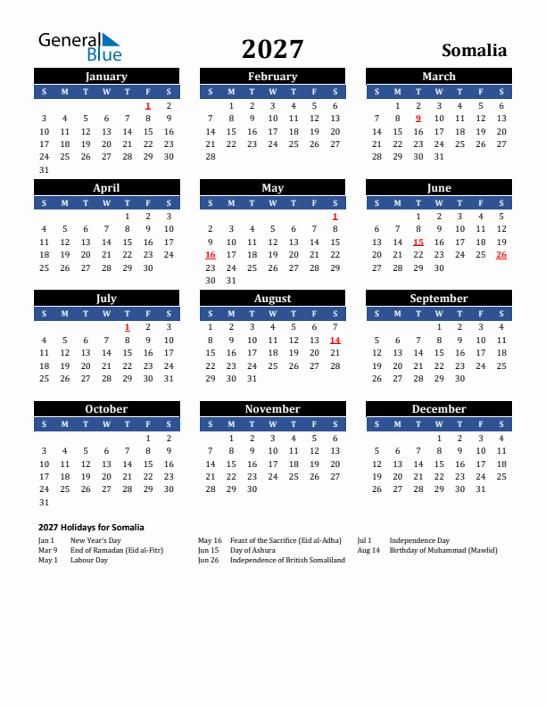 2027 Somalia Holiday Calendar
