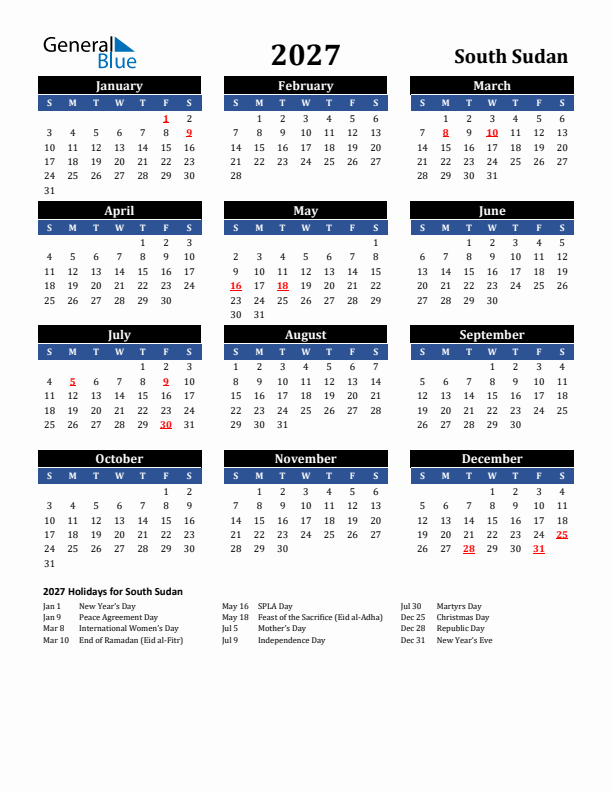2027 South Sudan Holiday Calendar