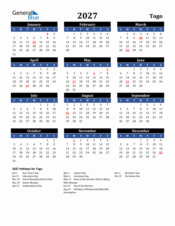 2027 Togo Holiday Calendar