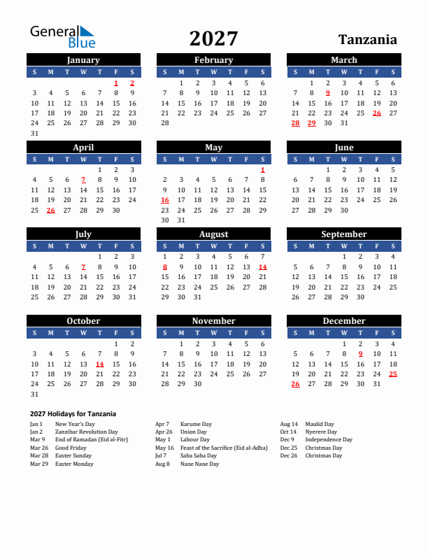 2027 Tanzania Holiday Calendar