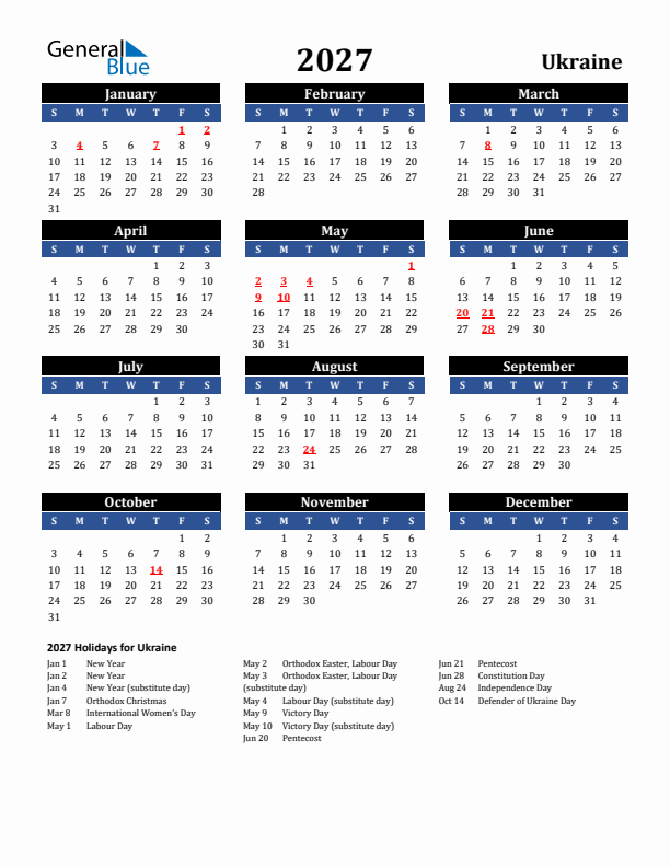 2027 Ukraine Holiday Calendar