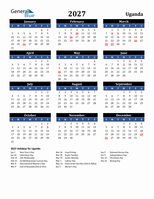 2027 Uganda Holiday Calendar