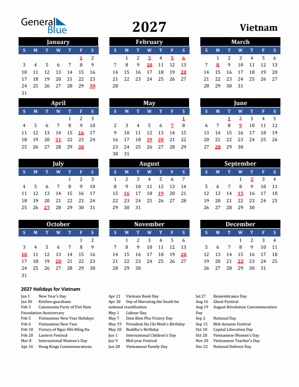 2027 Vietnam Holiday Calendar