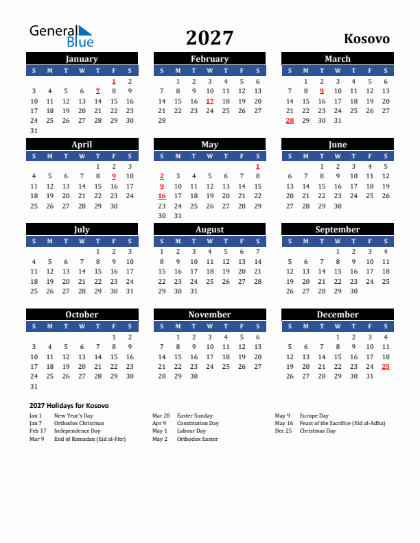 2027 Kosovo Holiday Calendar