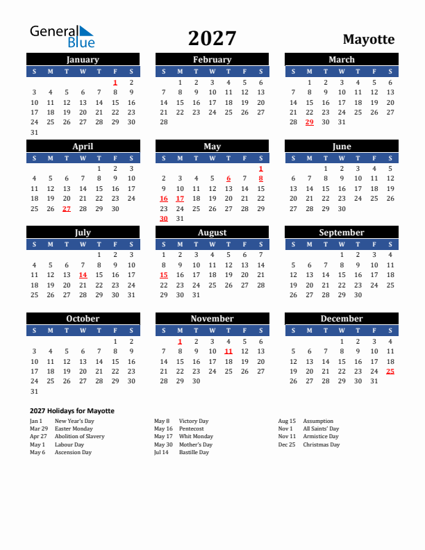 2027 Mayotte Holiday Calendar