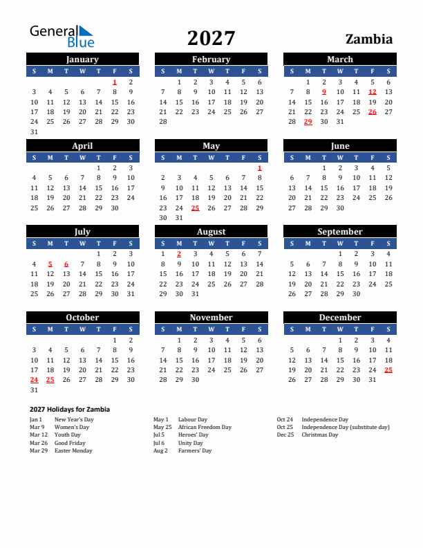2027 Zambia Holiday Calendar