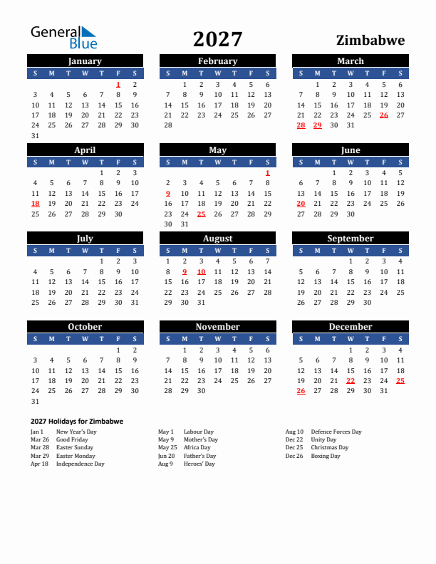 2027 Zimbabwe Holiday Calendar