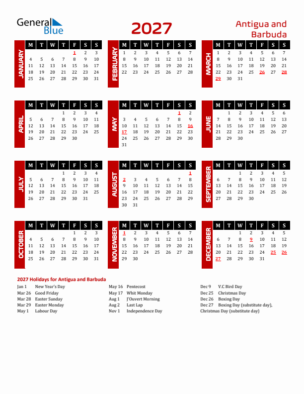 Download Antigua and Barbuda 2027 Calendar - Monday Start