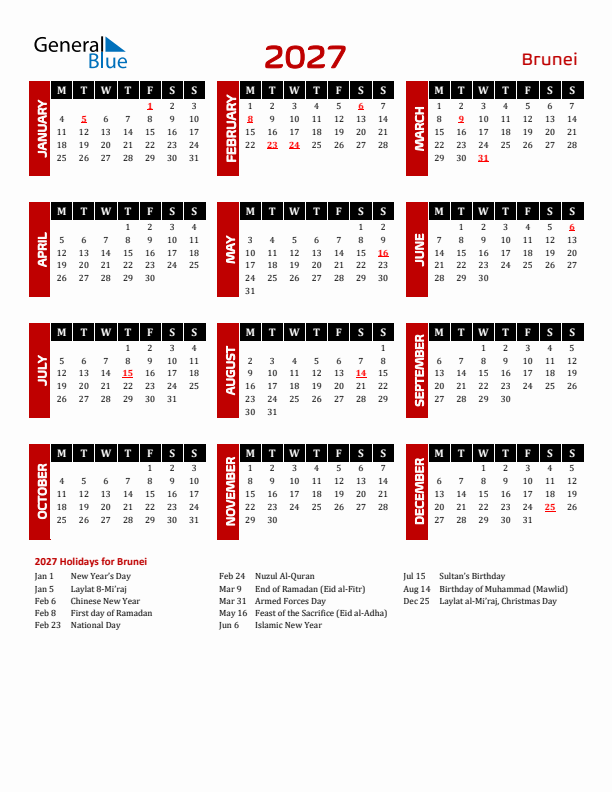 Download Brunei 2027 Calendar - Monday Start