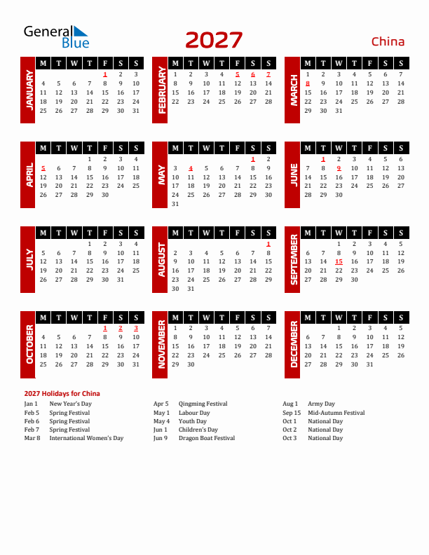 Download China 2027 Calendar - Monday Start