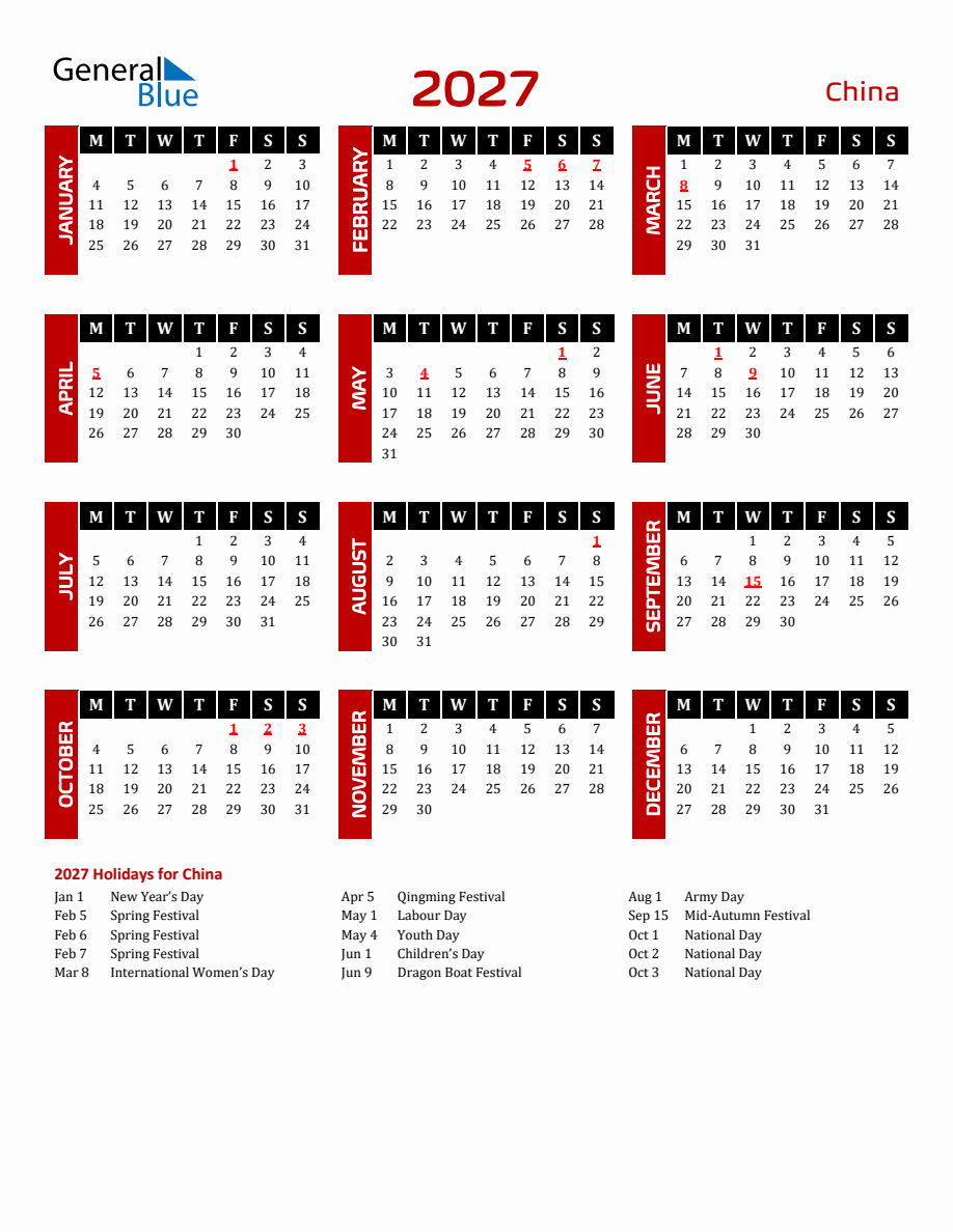 China 2027 Yearly Calendar Downloadable