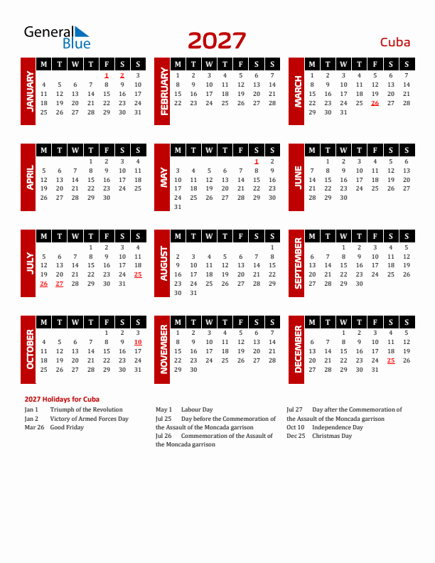 Download Cuba 2027 Calendar - Monday Start