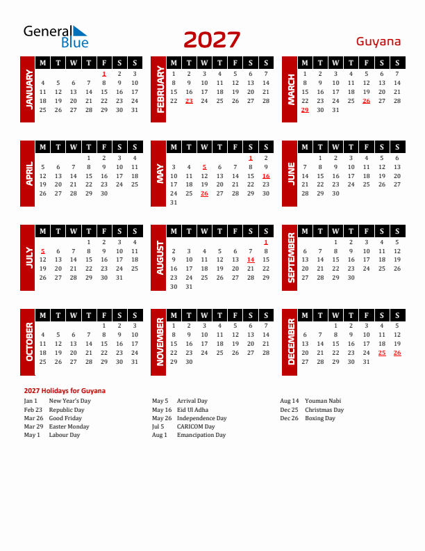 Download Guyana 2027 Calendar - Monday Start