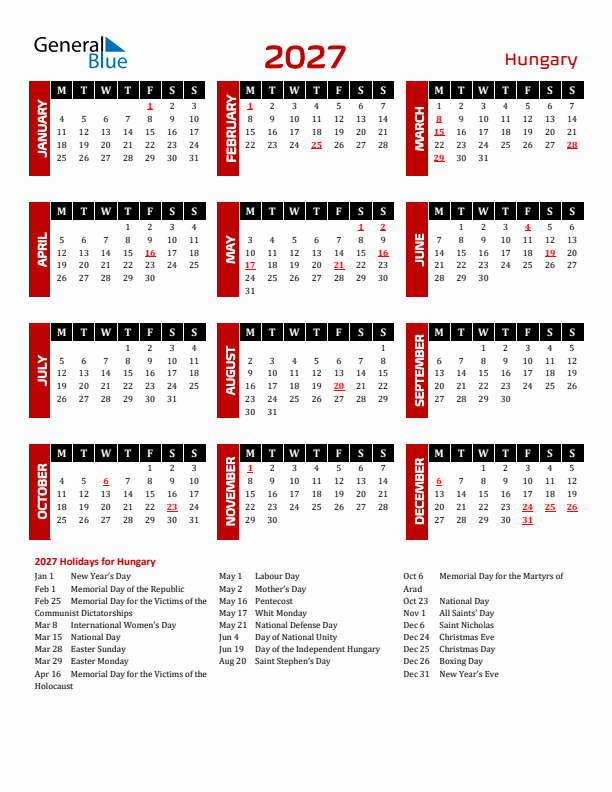 Download Hungary 2027 Calendar - Monday Start
