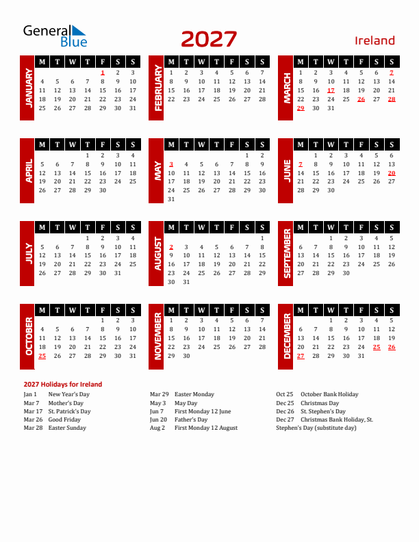 Download Ireland 2027 Calendar - Monday Start