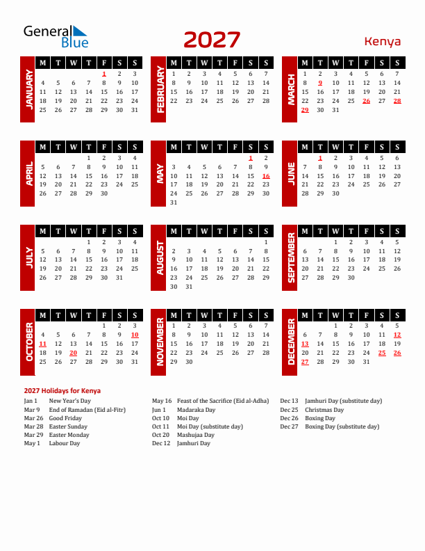 Download Kenya 2027 Calendar - Monday Start