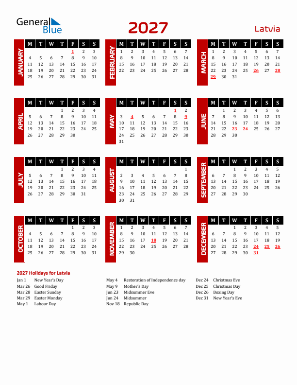 Download Latvia 2027 Calendar - Monday Start
