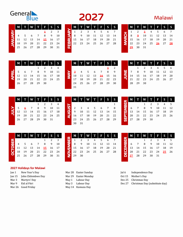 Download Malawi 2027 Calendar - Monday Start