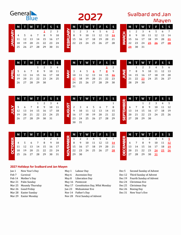 Download Svalbard and Jan Mayen 2027 Calendar - Monday Start