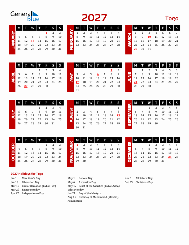Download Togo 2027 Calendar - Monday Start