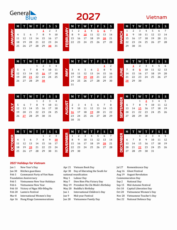 Download Vietnam 2027 Calendar - Monday Start