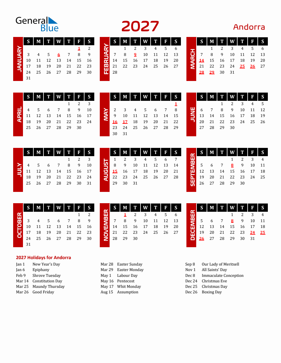 Andorra 2027 Yearly Calendar Downloadable