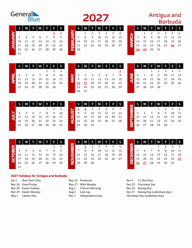 Download Antigua and Barbuda 2027 Calendar - Sunday Start
