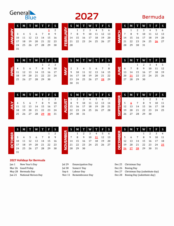 Download Bermuda 2027 Calendar - Sunday Start