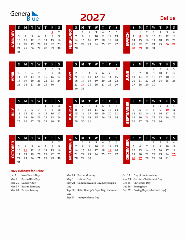 Download Belize 2027 Calendar - Sunday Start
