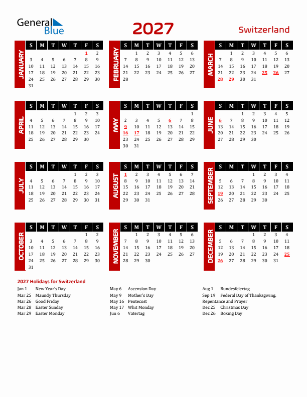 Download Switzerland 2027 Calendar - Sunday Start