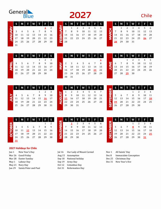 Download Chile 2027 Calendar - Sunday Start